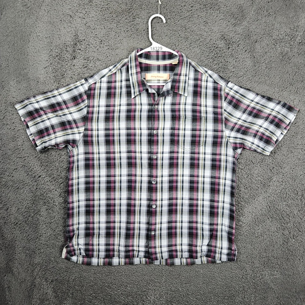 Tommy Bahama XL Silk Plaid Shirt Button Down Short Sleeve Mens